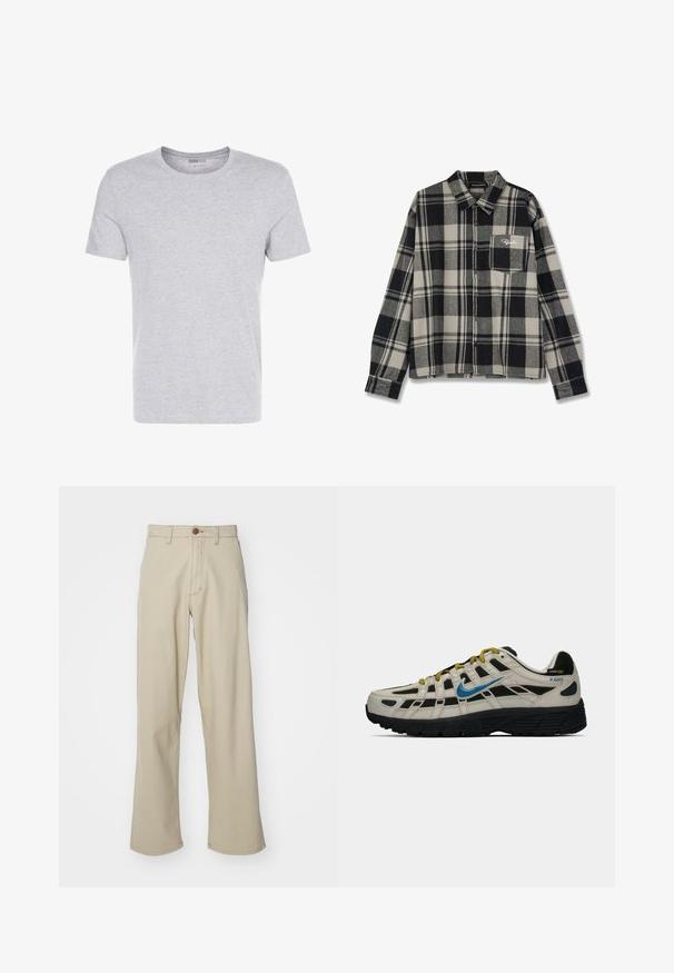 T-shirt en coton gris avec un col rond, des manches courtes et un design sobre, offrant une texture douce et lisse sans motifs ni embellissements visibles.; Chemise en flanelle à carreaux noirs et crème, à manches longues, avec une fermeture à boutons, une poche poitrine simple et un logo brodé discret sur la poche.; Pantalon en coton beige à jambe droite, avec une fermeture à bouton visible et des détails de couture subtils. Texture lisse, sans motifs.; Sneaker Nike P-6000 beige et noir avec une virgule bleue, des lacets jaunes, une semelle noire et une étiquette en tissu Cordura sur le talon.