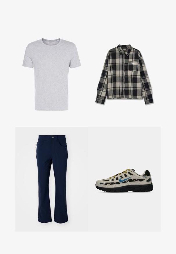 Graues Baumwoll-T-Shirt mit Rundhalsausschnitt, kurzärmlig und schlichtem Design, das eine weiche, glatte Textur aufweist und keine sichtbaren Muster oder Verzierungen hat.; Schwarz- und cremefarbener kariierter Flanellhemd mit langen Ärmeln, Knopfleiste, einer einzelnen Brusttasche und dezentem Logo-Stickerei auf der Tasche.; Marineblaue, gerade geschnittene Hosen mit Gürtelschlaufen, Knopfverschluss, vorderen Taschen und einer mit Reißverschluss versehenen Taschenseite auf einem weißen Hintergrund.; Beige und schwarze Nike P-6000 Sneaker mit blauen Swoosh, gelben Schnürsenkeln, schwarzem Profil und Cordura-Gewebelabel an der Ferse.