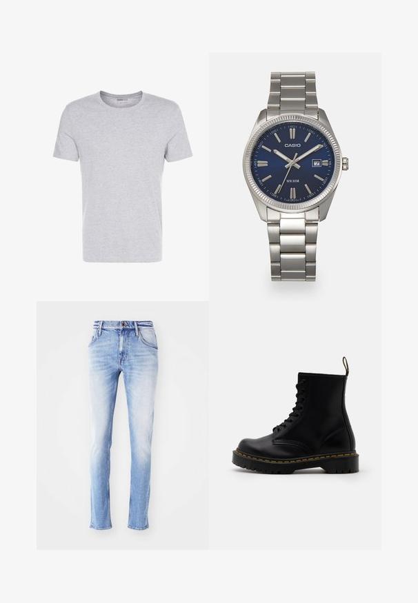 Sivi pamučni majica s округłym izrezom, kratkim rukavima i jednostavnim dizajnom, s mekom, glatkom teksturom i bez vidljivih uzoraka ili ukrasa.; Svijetloplave traperice s izblijedjelim zaključkom, ravnog kroja, pet džepova, petlje za remen i zatvaranjem na jedan gumb u struku.; Crne kožne gležnjače s vezanjem na prednjoj strani, žutim šavovima, okruglim vrhom i debelim, teksturiranim gumenim potplatom.; Srebrni sat od nehrđajućeg čelika s tamnoplavim brojčanikom, metalnim oznakama sati i prozorom za datum na 3 sata. Vodootporan do 50 metara.