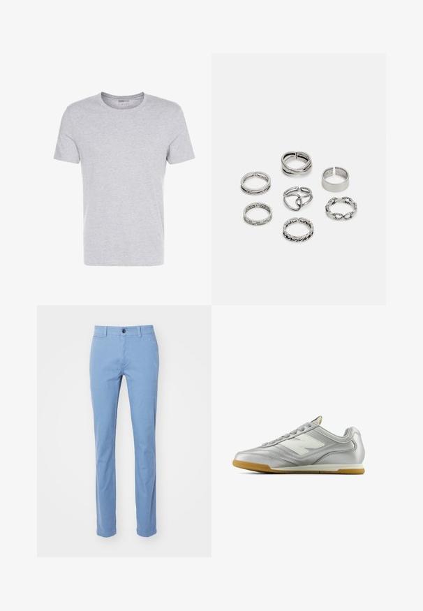 Szara bawełniana koszulka z okrągłym dekoltem, krótkimi rękawami i gładkim wzorem, charakteryzująca się miękką, gładką fakturą oraz brakiem widocznych wzorów czy ozdób.; Jasnoniebieskie chinosy o prostym kroju wykonane z bawełnianej tkaniny. Posiadają zapięcie na guzik z przodu, szlufki na pasek oraz kieszenie z przodu. Gładka tekstura.; Srebrny but sportowy o gładkiej, błyszczącej powierzchni, z białym logo z boku, teksturowanymi szarymi sznurówkami i podeszwą z gumy.; Zestaw siedmiu srebrnych pierścionków o różnych wzorach, w tym skręconych, połączonych i grawerowanych. Różne kształty i szerokości.