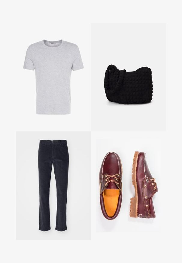 Gray cotton t-shirt with a crew neck, short sleeves, and a plain design, featuring a soft, smooth texture and no visible patterns or embellishments.; Dark gray corduroy pants with a straight-leg design, featuring a front button closure and side pockets. Soft texture with vertical ridges.; Burgundy leather shoes with brown rubber soles, round toe, white stitching, and gold eyelets. Interior features a yellow lining.; Black fabric bag with a textured, quilted pattern. Rounded shape, short, thick handles, and a soft, flexible structure.
