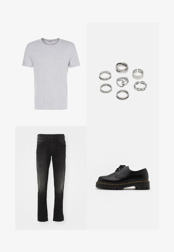 Sivá bavlnená tričko s okrúhlym výstrihom, krátkymi rukávmi a jednoduchým dizajnom, s jemnou, hladkou textúrou a bez viditeľných vzorov alebo ozdôb.; Čierne denimové nohavice s využitím svetlo umývaného efektu, piatimi vreckami, rovnou nohavicou a klasickým zapínaním na gombík a zips.; Čierna kožená šnurovacia topánka s okrúhlou špičkou, štruktúrovanou gumovou podrážkou a žltým prešitím okolo základne. Plný dizajn a hladký povrch.; Sada siedmich strieborných prsteňov s rôznymi dizajnmi, vrátane skrútených, prepojených a gravírovaných vzorov. Rôzne tvary a šírky.