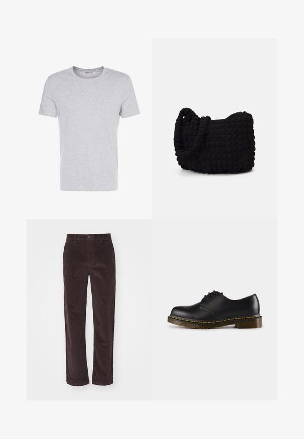 Gray cotton t-shirt with a crew neck, short sleeves, and a plain design, featuring a soft, smooth texture and no visible patterns or embellishments.; Brown corduroy pants with a straight cut, featuring a button closure and rolled cuffs, showcasing vertical ribbed texture.; Black leather shoe with rounded toe, lace-up design, yellow stitching along the sole, and a chunky, textured rubber outsole.; Black fabric bag with a textured, quilted pattern. Rounded shape, short, thick handles, and a soft, flexible structure.