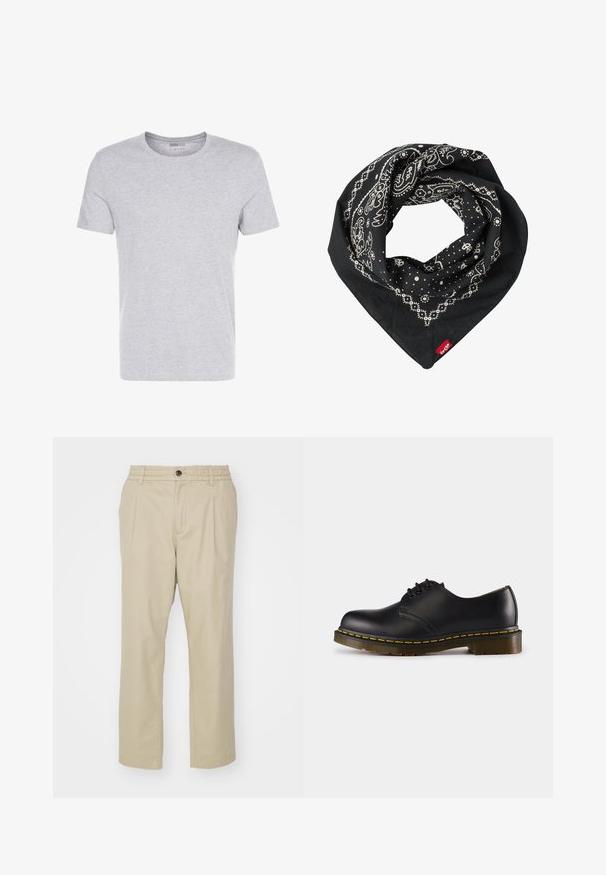 Gray cotton t-shirt with a crew neck, short sleeves, and a plain design, featuring a soft, smooth texture and no visible patterns or embellishments.; Jack & Jones JPSTKARL JJLAWRENCE SOUTH - Trousers - crockery; Black leather shoe with rounded toe, lace-up design, yellow stitching along the sole, and a chunky, textured rubber outsole.; Levi's® PAISLEY BANDANA UNISEX - Foulard - regular black