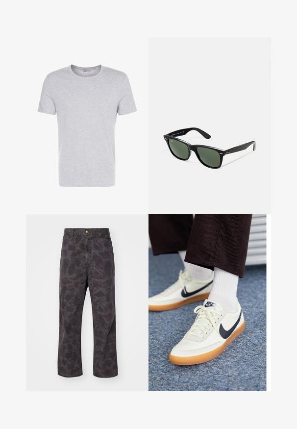 Γκρι βαμβακερό T-shirt με στρογγυλή λαιμόκοψη, κοντά μανίκια και απλή σχεδίαση, με απαλή, λεία υφή και χωρίς ορατά σχέδια ή διακοσμήσεις.; Carhartt WIP DUCK SINGLE KNEE PANT - Παντελόνι - green/graphite garment dyed; Αθλητικά παπούτσια Nike από λευκό δέρμα με ναυτικό swoosh, με σόλα από καουτσούκ γόμας και λευκές κορδόνες, συνδυασμένα με λευκές κάλτσες μέχρι τον αστράγαλο και σκούρο παντελόνι καμπάνα.; Μαύρα πλαστικά γυαλιά ηλίου με πράσινους φακούς, τετράγωνα σκελετά, ασημένια λεπτομέρεια στη ράχη και υφασμένες βραχίονες. Δηλωμένη μάρκα στον εσωτερικό βραχίονα.