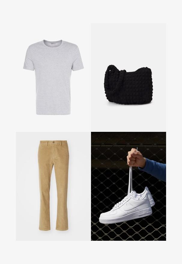 Graues Baumwoll-T-Shirt mit Rundhalsausschnitt, kurzärmlig und schlichtem Design, das eine weiche, glatte Textur aufweist und keine sichtbaren Muster oder Verzierungen hat.; DOCKERS SMART FLEX MOTION SLIM - Chino - harvest gold corduroy; Weiße Leder-Sneaker mit Perforationen, runder Zehenpartie, flacher Sohle und dicken Schnürsenkeln, mit sichtbar eingesticktem Swoosh-Logo und "AIR" an der Ferse.; Schwarze Stofftasche mit einer strukturierten, gesteppten Oberfläche. Abgerundete Form, kurze, dicke Griffe und eine weiche, flexible Struktur.