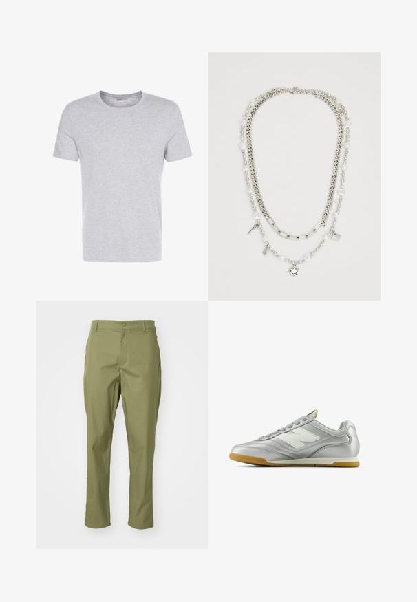 Sivá bavlnená tričko s okrúhlym výstrihom, krátkymi rukávmi a jednoduchým dizajnom, s jemnou, hladkou textúrou a bez viditeľných vzorov alebo ozdôb.; Olivovo zelené nohavice s rovným strihom, so zapínaním na gombík a upraveným vzhľadom. Hladká tkanina bez viditeľných vzorov.; Strieborná atletická topánka s hladkým, lesklým povrchom, bielym logom na boku, štruktúrovanými šedými šnúrkami a gumovou podrážkou.; Viacvrstvový náhrdelník so striebornými reťazami a perlovými korálkami, ozdobený príveskami, vrátane kľúčov a štvorcového pendantu. Hladký povrch s lesklým finišom.