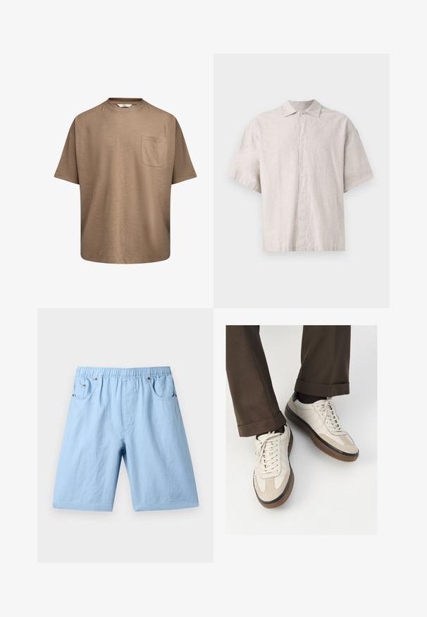 Hnedé tričko s krátkym rukávom vyrobené z jemného materiálu. Má okrúhly výstrih a jedno vrecko na hrudi, s uvoľneným a oversized strihom.; Svetlošedá košeľa s krátkym rukávom vyrobená z ľanu. Má zapínanie na gombíky, plochý golier a voľný strih s príjemnou textúrou.; Svetlomodré šortky s elastickým pásom, dvoma prednými vreckami a hladkou textúrou. Vyrobené z mäkkého materiálu, vhodné na voľný čas.; Béžové tenisky s textúrovanou zamšovou prednou časťou, hladkými koženými bočnými stranami a hnusou gumovou podrážkou. Obsahujú šnúrky a svetlé stehy ako detail.