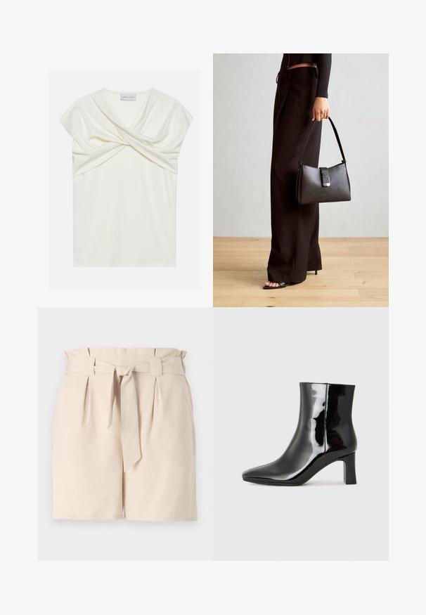 T-shirt bianco in crepe con scollo a V, maniche corte a cappuccio e design frontale attorcigliato, che offre una texture liscia e una silhouette moderna.; Shorts beige su misura realizzati in un tessuto leggero, con vita con cinturino, dettagli a pieghe e una linea dritta.; Stivaletto in pelle verniciata nera con punta a punta e tacco a blocco di altezza media. Texture liscia e design minimalista.; Borsa nera con forma strutturata, texture liscia e una chiusura metallica. Abbinata a pantaloni neri larghi e sandali open-toe su un pavimento in legno.
