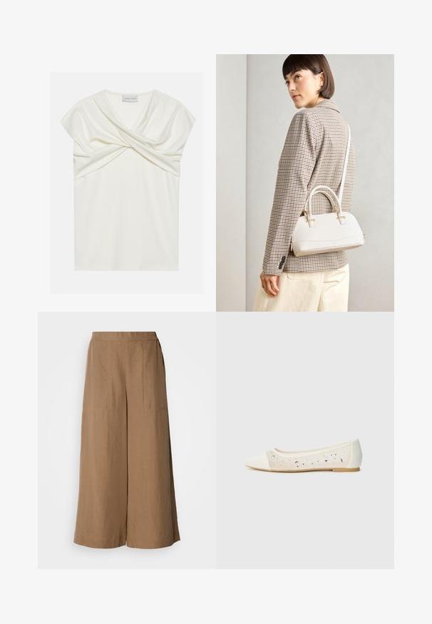 Fehér krepp póló V-nyakkal, rövid kapucnis ujjakkal és csavart elülső dizájnnal, sima textúrával és modern sziluettel.; Széles lábú nadrág világosbarna, szőtt anyagból. Jellemzője a magas, elasztikus derékpánt, az oldalzsebek és a sima textúra.; Krém bőrből készült, hegyes orrú lapos cipő átlátszó felsőrésszel, ami szétszórt gyémántokkal van díszítve. Puha talp a kényelemért, minimalista dizájn.; Fehér, strukturált kézitáska rövid füllel és vállpánttal, arany színű fém kiegészítőkkel és texturált anyagból, szürke háttér előtt bemutatva.