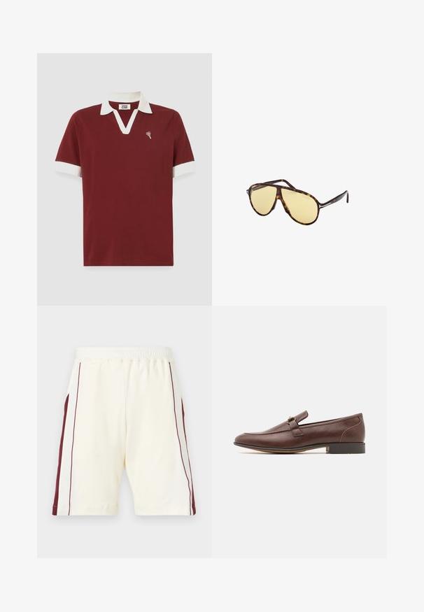 Polo bordeaux con colletto e polsini bianchi. Presenta un collo a V e un piccolo logo a forma di cuore sul petto. Realizzato in tessuto morbido.; Pantaloni corti chiari in crema con cintura elastica, dotati di strisce laterali bordeaux e una texture liscia, orlati sui lati.; Mocassino in pelle marrone con punta arrotondata, dettagli cuciti, una striscia sulla parte superiore e un tacco piccolo. Texture liscia e design semplice.; Occhiali da sole tartarugati con lenti gialle. Forma aviator con doppio ponte e dettagli in metallo. Superficie liscia e design elegante.; Borsa a tracolla in pelle verniciata bordeaux con forma rettangolare, due manici, accessori in argento e chiusura a patta.; Orologio rettangolare in oro rosa con quadrante bianco, indicatori di ore minimalisti e bracciale in metallo a maglie. Presenta una corona sul lato destro.