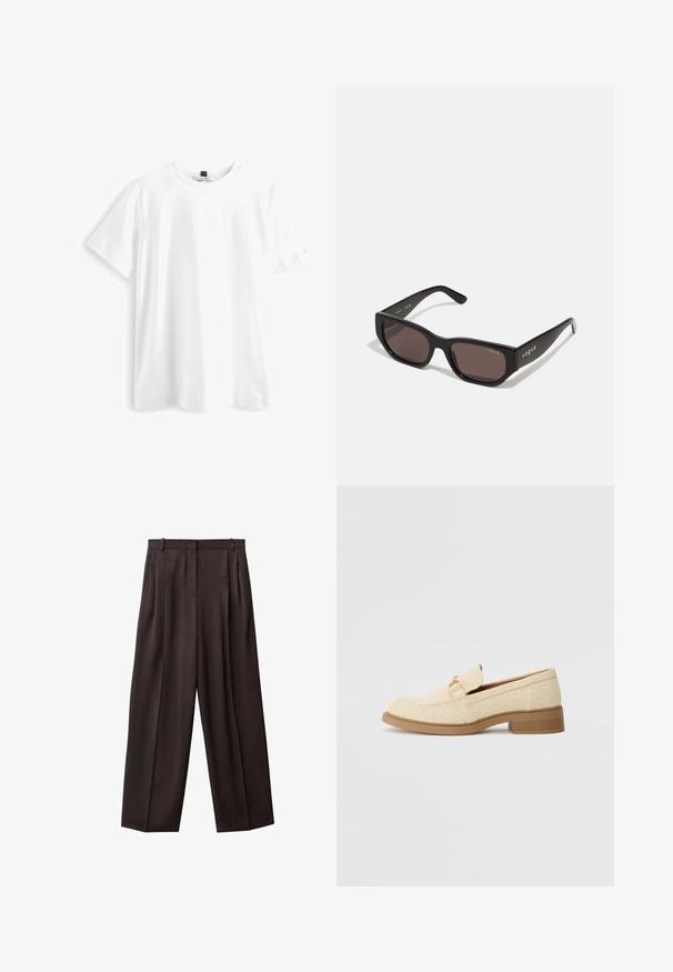 Valkoinen lyhythihainen T-paita, joka on valmistettu puuvillasta. Siinä on pyöreä kaula-aukko, suora helma ja pehmeä, sileä tekstuuri. Ei kuvioita tai grafiikkaa.; Lepotwilini lahkotni hlače iz temno rjave tkanine. Značilnosti vključujejo nabore na sprednji strani, pas z zankami za pas in stranske žepe. Gladka tekstura.; Beige tekstiilistä valmistetut loaferit matalalla blokkiholvilla, joissa on ommeltu muotoilu ja koristeellinen kultasävyinen metallipanssari päällä.; Mustat suorakulmaiset aurinkolasit tummilla linsseillä. Ominaisuuksina sileä muovikehys ja logotieto tempussa. Siisti, moderni muotoilu.; Burgundy laukku, joka on valmistettu synteettisestä materiaalista ja jossa on jäsennelty muotoilu. Laukussa on irrotettava hihna ja kukkakuosisia huiveja, jotka on sidottu kahvaan.