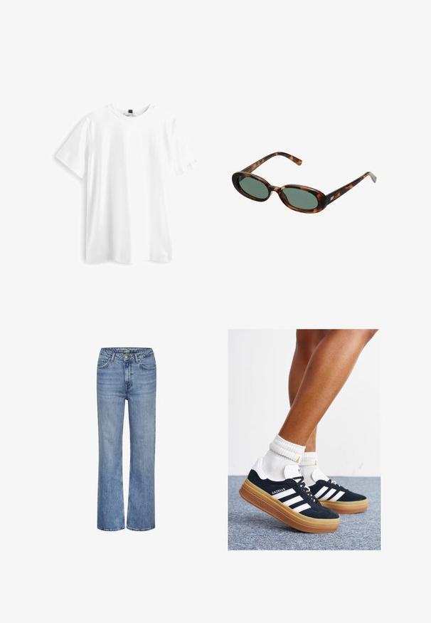 Bela kratka majica s kratkimi rukavi iz bombaža, z okroglo ovratnikom, ravnim robom in mehko, gladko teksturo. Brez vzorcev ali grafike.; Modre visokotopne naravnost krojene kavbojke z gumbom spredaj, zadrgo in dizajnom s petimi žepi.; Črni antilop superge z belimi črtami in poudarki, okrogel prst, gumijasti podplat, kombinirane z belimi rebrastimi nogavicami.; Žirafne sončna očala z ovalnimi okvirji in zelenimi lečami. Imajo tanke ročice z metalnim poudarkom blizu tečajev.; Rjava usnjena torbica z ramenskim ročajem, ukrivljene oblike, minimalnim šivom in zlato-tonirano kovinsko dekoracijo. Ima zgornje zapiranje na zadrgo in nastavljiv trak.