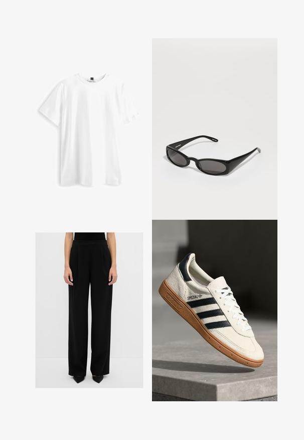 Witte T-shirt met korte mouwen, gemaakt van katoen, met een ronde hals, rechte zoom en een zachte, gladde textuur. Geen patronen of graphics.; Zwarte wijde broek van zachte stof, met voren geplooide details, een hoge taille en een op maat gemaakte snit.; Witte suède sneakers met marineblauwe strepen, rubberen gumzool, gestructureerde bovenkant, ronde neus en veters; heeft branding aan de zijkant en op de tong.; Henrik Vibskov MEGAN SUNGLASSES UNISEX - Zonnebril - black; Zwarte leren handtas met een gestructureerd ontwerp, een handvat bovenop en een gouden sluiting. Heeft een textuur oppervlak met een reliëflogo.