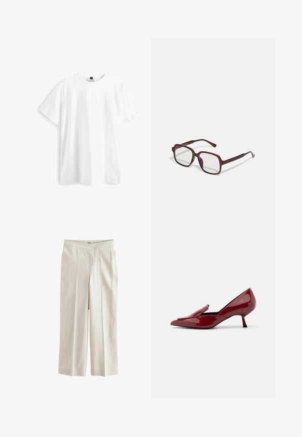 Balti trumpas rankovėmis marškinėliai, pagaminti iš medvilnės, su apvaliu kaklu, tiesiais kraštais ir švelnia, lygi textura. Be jokių raštų ar grafikų.; Next ASYMETRIC WAITBAND TAILORED WIDE LEG - Kelnės - neutral; Raudoni patentiniai odiniai aukštakulniai su smailiu nosiu, be užsisegimo dizainu ir žemu stiletu. Lygi tekstūra su elegantiška siluetu.; Rudos, stačiakampiai akinių rėmeliai su skaidriais lęšiais ir violetiniais atspalviais. Lygus plastikinis rėmas su tiesiomis šventyklomis ir subtiliais akcentais.