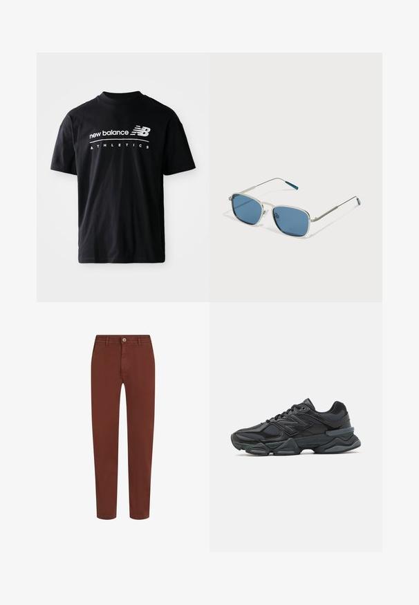 Juodas medvilninis marškinėlis su apvali apykakle, trumpomis rankovėmis ir baltais tekstais "new balance" ir "ATHLETICS" priekyje.; Rudos tiesaus kojos kelnes su priekiniais mygtukais, diržo kilpelėmis ir šoninėmis kišenėmis, išdėstytos ant balto fono.; Juodas bėgimo batelis, pagamintas iš tinklinės ir sintetinės medžiagos, turintis stambų pado dizainą, kreivą formą ir ryškią prekės ženklą šone.; Akiniai nuo saulės su sidabro metalo rėmu, stačiakampiais mėlynais objektyvais ir plonomis kojelėmis. Akcentai mėlynos spalvos ant šventyklų galiukų.