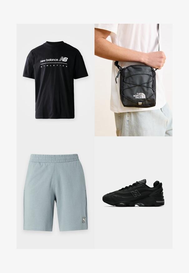 Fekete pamut póló, kerek nyakkal, rövid ujjakkal, fehér "new balance" és "ATHLETICS" felirattal az elején.; Világoskék sportnadrág, rugalmas derékrésszel, oldalsó zsebekkel és egy kis Puma logóval a bal elülső részen. Simább anyagtextúra.; Fekete sportcipők texturált felsőrésszel, kiemelkedő logóval, vastag talppal és diszkrét szürke akcentusokkal a dizájn mentén.; Fekete nylon keresztpántos táska texturált felülettel, állítható pánttal és bungee zsinór részletekkel. Fehér "The North Face" logóval rendelkezik.