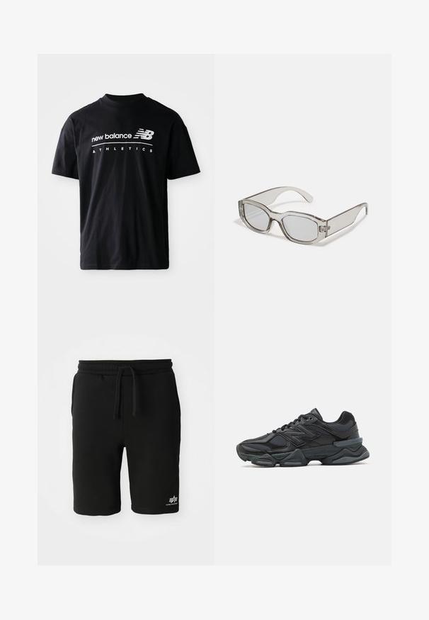 Juodas medvilninis marškinėlis su apvali apykakle, trumpomis rankovėmis ir baltais tekstais "new balance" ir "ATHLETICS" priekyje.; Juodi medvilniniai šortai su elastinga juosmele, raišteliu, šoninėmis kišenėmis ir baltu logotipo elementu apatineje hem. Lygi tekstūra.; Juodas bėgimo batelis, pagamintas iš tinklinės ir sintetinės medžiagos, turintis stambų pado dizainą, kreivą formą ir ryškią prekės ženklą šone.; Pilki skaidrūs saulės akiniai su stačiakampio forma, plokščiomis lęšių ir storomis kojelėmis. Yra subtilus vyrių detalė ant šventyklų.