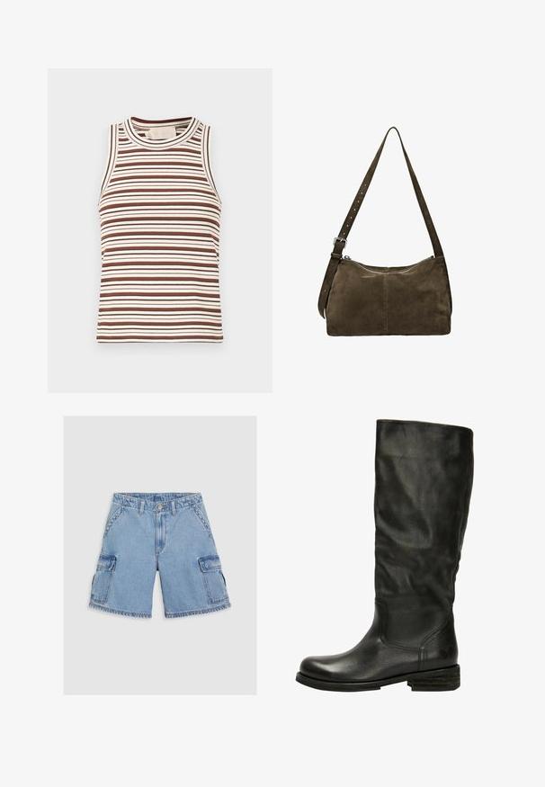 Top senza maniche a righe marroni e bianche con una texture a coste, scollatura rotonda e design senza maniche. Presenta righe di larghezze varie.; Shorts cargo in denim azzurro chiaro, con due ampie tasche laterali, cuciture a contrasto, chiusura con bottone e dettagli con orlo sfrangiato.; Felmini Stivali alti - black; Borsa a spalla in suede marrone con chiusura a zip, corpo rettangolare piatto e tracolla regolabile. Presenta dettagli di cucitura sottili.