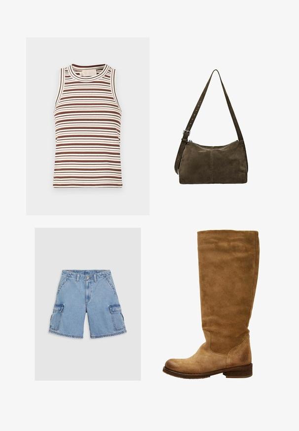 Brown and white striped tank top with a ribbed texture, round neckline, and sleeveless design. Features varying stripe widths throughout.; Light blue denim cargo shorts with two large side pockets, contrasting stitching, a button closure, and frayed hemline detailing.; Brown suede knee-high boot with a rounded toe and low block heel. Smooth finish, minimal stitching, and a logo detail near the heel.; Brown suede shoulder bag with a zip closure, flat rectangular body, and adjustable shoulder strap. Features subtle stitching details.
