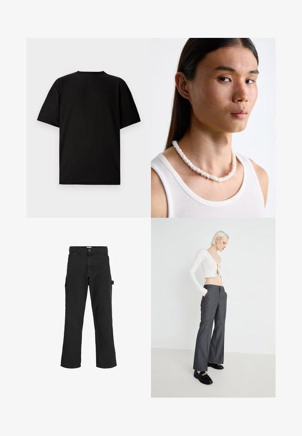 Černé tričko s krátkým rukávem vyrobené z žebrované tkaniny. Má kulatý výstřih a volný střih s hladkým povrchem. Pohled zádní strany.; Černé cargo kalhoty z bavlněné směsi. Mají široké nohavice, přední šikmé kapsy a boční kapsu s poutkem na doplňky.; Bílý žebrovaný crop top s detailem na zavazování, který je zkombinován se šedými pruhovanými kalhotami s širokými nohavicemi. Model má na sobě černé mokasíny se zlatými akcenty a stojí na jednoduchém pozadí.; Bílý náhrdelník z mušlí složený z nepravidelných tvarů, nošený přes přiléhavý bílý top bez rukávů. Hladký povrch s jemným leskem, těsně přiléhající design.