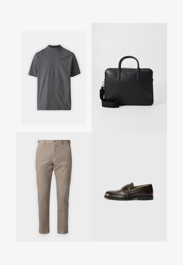 Samsøe Samsøe NORSBRO - Pamata T-krekls - volcanic ash; DRYKORN FAGO - Chinos tipa bikses - brown; Calvin Klein Mokasīni - cocoa brown; Melnas ādas portfelis ar rakstainu apdari, diviem rokturiem, noņemamu plecu siksnu un priekšējo logotipa detaļu. Ar rāvējslēdzēja aizdari.