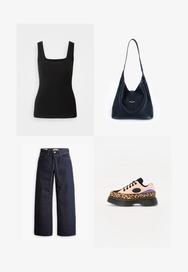 Fekete, ujjatlan trikó, négyzet alakú nyakkal, sima anyagból készült; testhezálló fazon, minták vagy fém díszítések nélkül.; Széles lábú, sötétkék farmernadrág magas derékkal, húzózsinórral, öt zsebbel és kontrasztos varrással.; Rózsaszín velúr cipők fekete kiegészítőkkel és leopárdmintázattal. Vastag fekete platformtalp, narancssárga öltésekkel. Állítható fűzés elöl.; Fekete bőr kézitáska, puha, laza dizájnnal. Lapított pánttal és középső záródással rendelkezik, amelyet arany díszít.