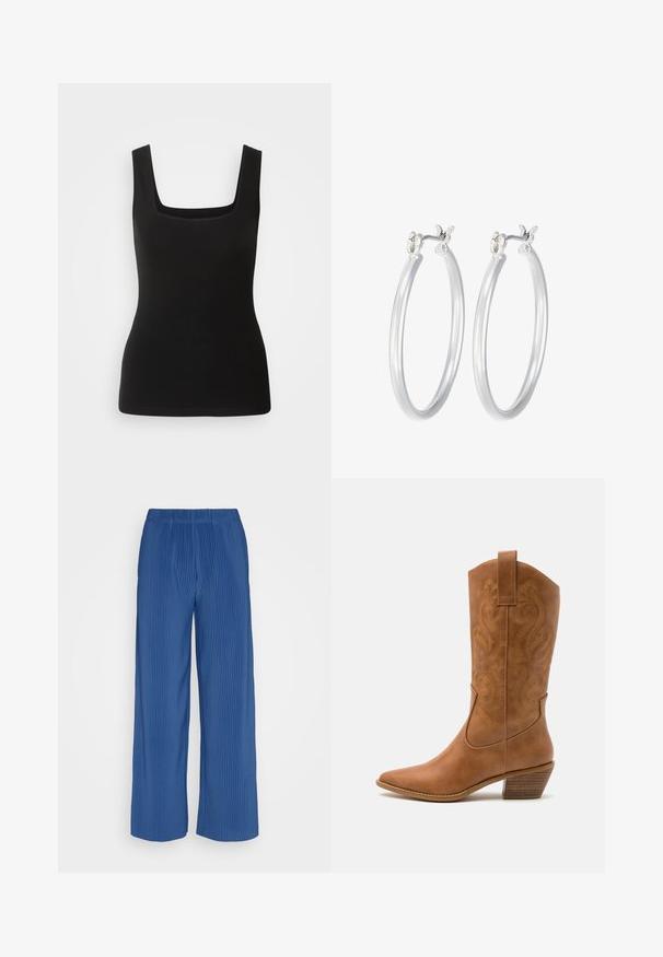 Zwarte mouwloze tanktop met een vierkante halslijn, gemaakt van gladde stof; aansluitend ontwerp zonder patronen of hardware accenten.; b.young BYTRISSA PANTS - - Broek - true navy; Tan leren cowboylaars met puntige neus, geborduurde spiraalpatronen op de schacht en een gestapelde blokhak. Voorzien van een trekband voor gemakkelijke aan- en uittrekken.; Zilveren oorbellen in de vorm van een gladde, gepolijste ring. Ronde vorm met een veilige kliksluiting. Lichtgewicht ontwerp, geschikt voor dagelijks gebruik.