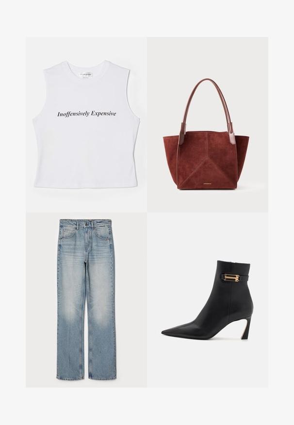 Biała bezrękawnikowa crop top z napisem "Nieszkodliwie Drogi" w kolorze czarnym, wykonana z miękkiej bawełny o gładkiej fakturze.; Jasnoniebieskie dżinsy z prostym krojem, wysoko w talii, z pięcioma kieszeniami i subtelnym wybledzeniem na udach i kolanach.; Victoria Beckham - Botki; Brązowa zamszowa torba tote z triagonalnym wzorem, dopasowanymi skórzanymi uchwytami oraz subtelnym emblematem marki u podstawy.