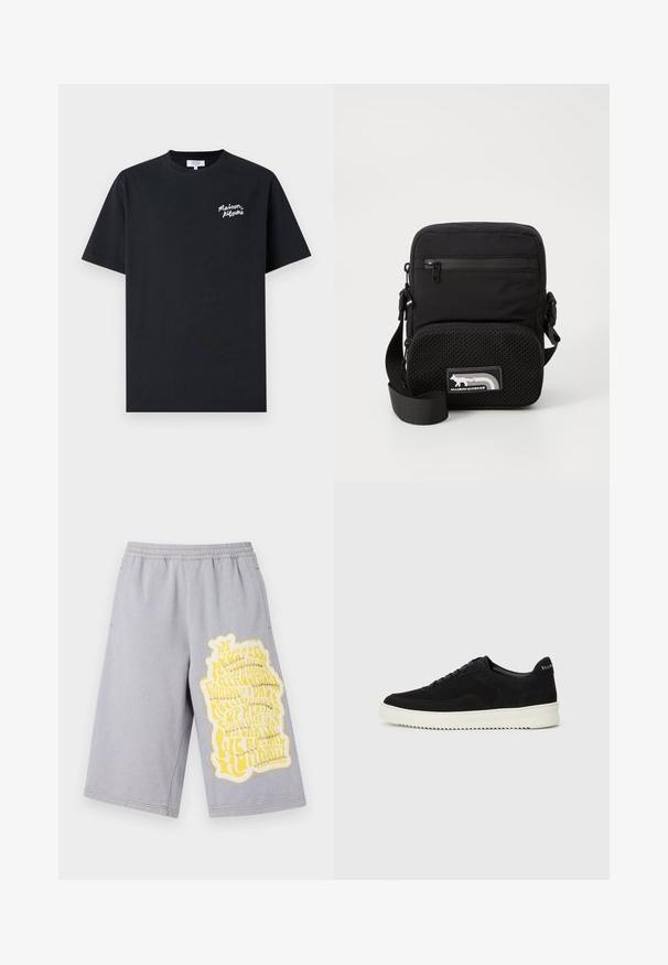 Černé bavlněné tričko s kulatým výstřihem. Na levé hrudi se nachází bílé ručně psané logo značky. Krátké rukávy, klasický střih.; Šedé bavlněné šortky s elastickým pasem, s velkým žlutým grafickým potiskem a obroušenými okraji na levé noze.; Černé semišové tenisky s krajkovým designem a kontrastní bílou gumovou podrážkou. Obsahují texturované boční panely a jemné branding na patě.; Černá křížová taška s měkkou tkaninou na vršku, texturovanou síťovanou spodní částí, přední kapsou na zip a nastavitelným popruhem. Obsahuje nášivku s logem.