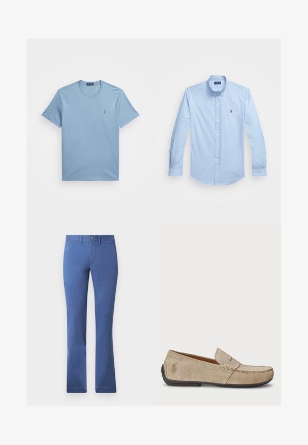 T-shirt de algodão azul claro com decote redondo e mangas curtas, apresentando um pequeno logótipo bordado no lado esquerdo do peito. Textura suave.; Camisa de botão azul clara em algodão, com mangas longas, colarinho pontudo e logotipo bordado no lado esquerdo do peito. Design frontal liso.; Calças de algodão azul em mistura, com um design de perna reta, fecho de botão, bolsos funcionais e uma textura suave. Estilo simples e versátil.; Mocassins de camurça beiges com um detalhe costurado, sola de borracha plana e um pequeno logotipo de lado. Design clássico de calçar, textura suave.