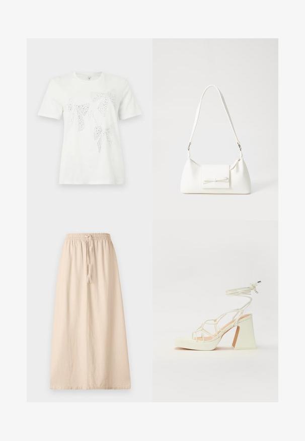 Valge puuvillane T-särk, mille esiküljel on erineva suuruse ja kujuga rhinestone-dekoratsiooniga lipsud. Lühikesed varrukad ja ümar kaelus.; Bež, pahklaius seelik, mis on valmistatud kergest kangast, millel on elastne vöökoht ja reguleeritav pael. Omab lõdva, sirget siluetti.; Valged kõrge kontsaga sandaalid, millel on paks konts ja rihmadega disain koos pahkluu sidumisega. Sile tekstuur ja platvorm ees, et lisada kõrgust.; Valge sünteetilisest materjalist kott kolmnurkse kujuga, lame esiklapiga ja kaaredetailiga, reguleeritava rihmaga, sileda tekstuuriga ja minimalistliku disainiga.