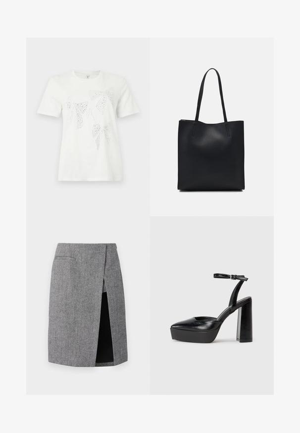 Camiseta de algodón blanca con la parte delantera decorada con lazos embellecidos con rhinestones en varios tamaños y formas. Manga corta y cuello redondo.; Falda de cuadro de gallo gris con una abertura lateral, corte entallado y dos bolsillos insertados. Fabricada con una tela texturizada para un aspecto estructurado.; Zapatos de tacón negro con punta afilada y correa ajustable en el tobillo. Confeccionados en cuero suave, presentan un tacón grueso.; Bolso tote de cuero negro con textura lisa, forma rectangular y dos asas largas. Sin herrajes ni adornos visibles.