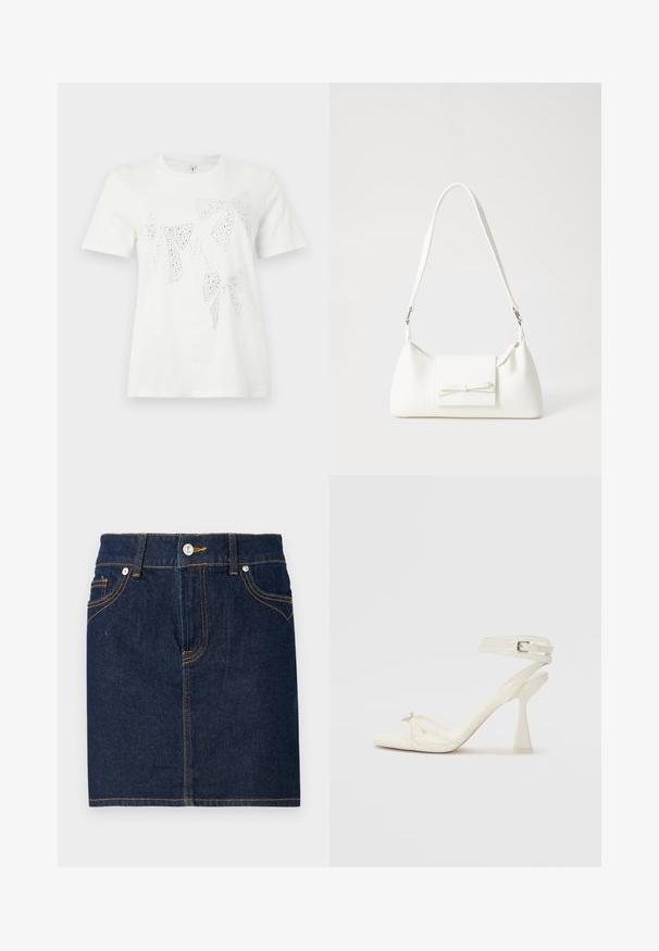 Valge puuvillane T-särk, mille esiküljel on erineva suuruse ja kujuga rhinestone-dekoratsiooniga lipsud. Lühikesed varrukad ja ümar kaelus.; Tume sinine denim seelik nähtavate õmblustega, viie tasku disainiga ja esise nupu sulgemisega. Sirge lõige puhta servaga.; Köitmine kõrge kontsaga sandaal valgest nahast, millel on stiilne disain, läbipaistev plokk-konts ja dekoratiivne element varvaste juures.; Valge sünteetilisest materjalist kott kolmnurkse kujuga, lame esiklapiga ja kaaredetailiga, reguleeritava rihmaga, sileda tekstuuriga ja minimalistliku disainiga.