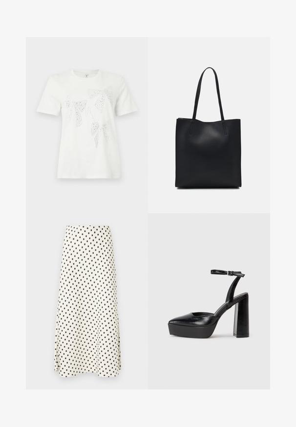 Valkoinen puuvillapaidan t-paita, jossa on eri kokoisia ja muotoisia strassikoristeisia nauhoja etuosassa. Lyhyet hihat ja pyöreä kaula-aukko.; Hame mittapituus, joka on valmistettu kevyestä kankaasta, jossa on kerma tausta mustilla pilkuilla ja liehuva siluetti.; Mustat korkeat platform-kengät, joissa on terävä kärki ja säädettävä nilkkaremmi. Valmistettu sileästä nahasta ja varustettu paksulla lohkokorkeudella.; Mustapahkainen kangaskassi, jossa on sileä pinta, suorakaiteen muotoinen ja kaksi pitkää kahvaa. Ei näkyvää metalliosaa tai koristeita.