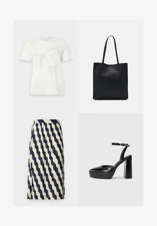 Balta kokvilnas T-krekls ar rhinestone dekorētām loku formām dažādās izmēros un formās uz priekšpuses. Īsas piedurknes un apaļa kakla izgriezums.; Iekļautā svārku izstrādājums krēmkrāsā un tumši zili, ar dimanta rakstu. Elastīga josta un viegla auduma izvēle nodrošina plūstošu siluetu.; Melnas platformas papēžs ar norādītu purngala formu un regulējamu potītes siksniņu. Izgatavotas no gludas ādas, ar masīvu bloku papēdi.; Melnas ādas somiņa ar gludu tekstūru, taisnstūra formu un divām garām rokturiem. Nav redzamu aparatūras vai rotājumu.