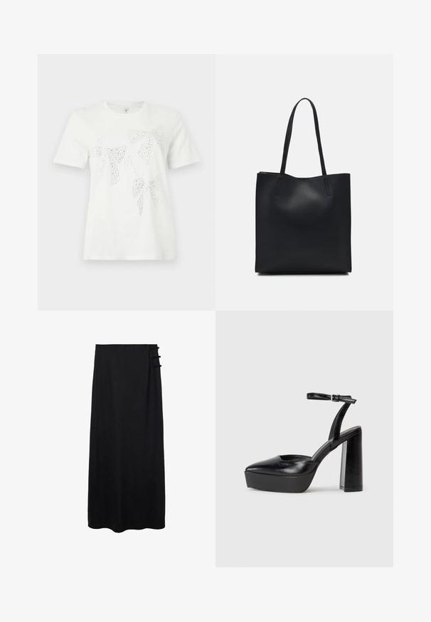 White cotton t-shirt featuring rhinestone-embellished bows in various sizes and shapes across the front. Short sleeves and crew neckline.; Black maxi skirt with a smooth texture, featuring a side fastening with three looped accents for added detail. Floor-length design.; Black platform heels with a pointed toe and adjustable ankle strap. Constructed from smooth leather, featuring a chunky block heel.; Black leather tote bag with smooth texture, rectangular shape, and two long handles. No visible hardware or embellishments.