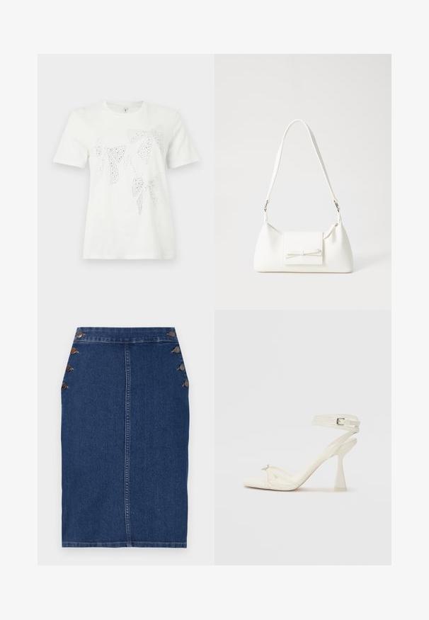 Tricou din bumbac alb, cu fundițe embelliate cu cristale în diverse dimensiuni și forme pe partea din față. Mâneci scurte și guler rotund.; Fustă tip creion din denim de culoare albastru închis, cu o croială dreaptă, cinci butoane decorative pe partea stângă și cusături vizibile de-a lungul cusăturilor.; Sandalele cu toc înalt, cu bretele, din piele albă, cu un design elegant, toc transparent și un element decorativ la vârf.; Geantă sintetică albă, cu formă triangulară, capac frontal plat și detaliu cu fundă, curea ajustabilă, textură netedă și design minimalist.