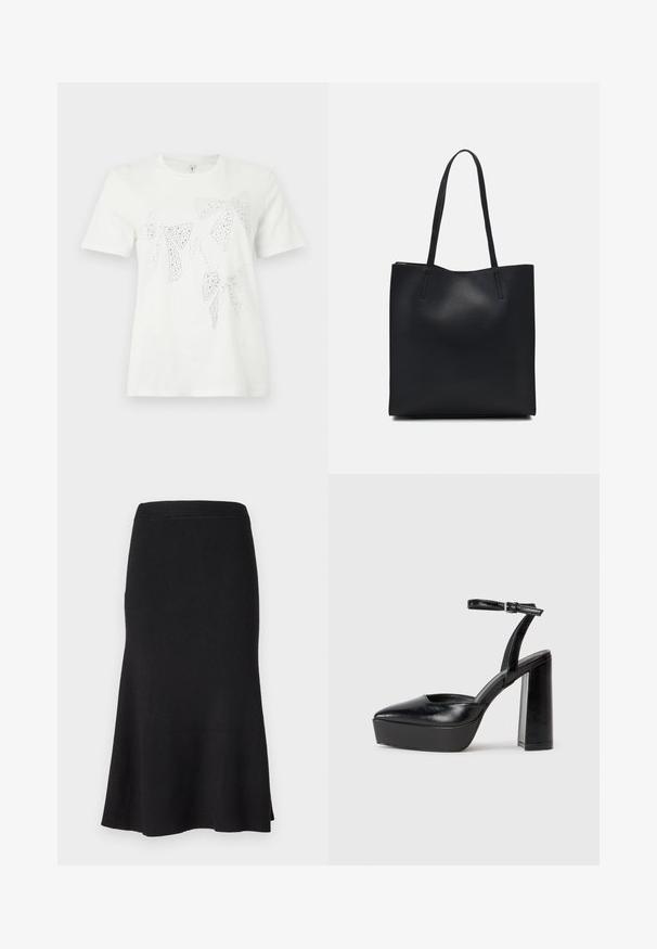 Biely bavlnený tričko s kamienkami zdobenými mašľami rôznych veľkostí a tvarov na prednej strane. Krátke rukávy a okrúhly výstrih.; Čierna pruhovaná pletená sukňa s priliehavým pásom a rozšíreným lemom. Hladká textúra, dizajn po kolená, s rovnomerne rozloženým pruhovaným vzorom.; Čierne platformové podpätky so špicatou špičkou a nastaviteľným členkovým remienkom. Vyrobené z hladkej kože a so robustným blokovým podpätkom.; Čierna kožená taška na rameno s hladkým povrchom, obdĺžnikovým tvarom a dvoma dlhými uchami. Bez viditeľného kovania alebo ozdôb.