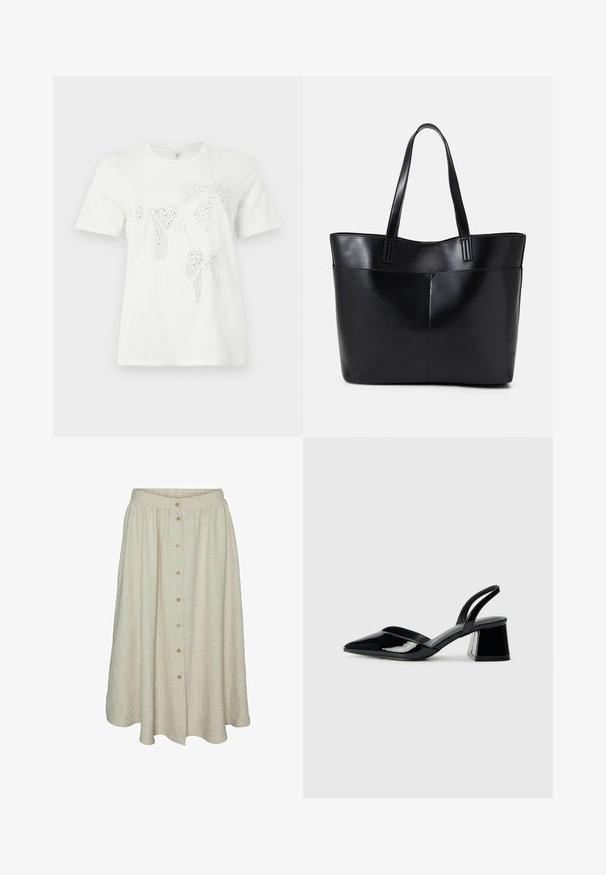 T-shirt bianco in cotone con fiocchi decorati con strass di diverse dimensioni e forme sul davanti. Maniche corte e colletto a girocollo.; Gonna beige al ginocchio realizzata in tessuto testurizzato con chiusura frontale a bottoni, vita elastica e un design fluido.; Décolleté in vernice nera con punta affusolata e tacco in geometria cubica. Presentano un design elegante e minimalista, con una texture liscia.; Borsa a tracolla in pelle nera con due manici lunghi, una texture liscia e una forma strutturata. Presenta una tasca frontale per ulteriore spazio di archiviazione.