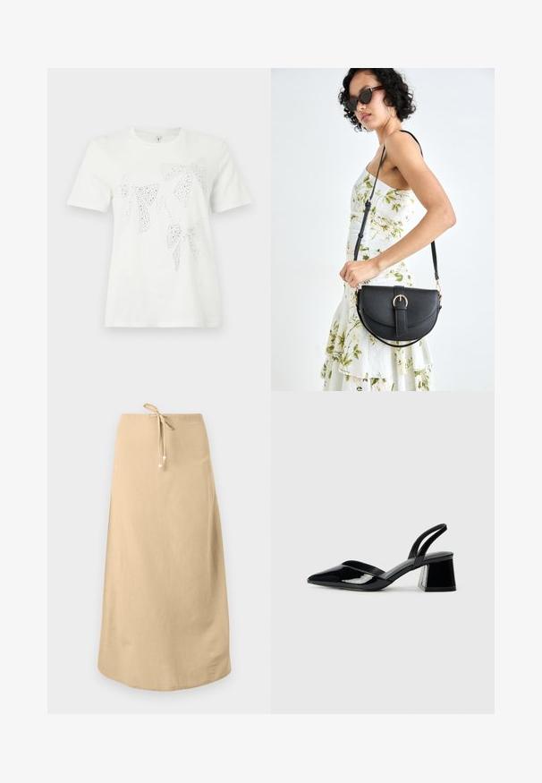 Tricou din bumbac alb, cu fundițe embelliate cu cristale în diverse dimensiuni și forme pe partea din față. Mâneci scurte și guler rotund.; Fustă din in bej cu talie ajustabilă prin șnur, având o textură netedă și un tiv rotunjit. Detaliată cu mici mărgele decorative pe șnururi.; Pantofi cu toc slingback din piele lacuită neagră, cu vârf ascuțit și toc geometric. Prezintă un design elegant, minimalist și o textură netedă.; Geantă din piele neagră, cu o formă curbată, curea detașabilă și accesorii aurii. Geanta are un capac cu un detaliu tip cataramă.