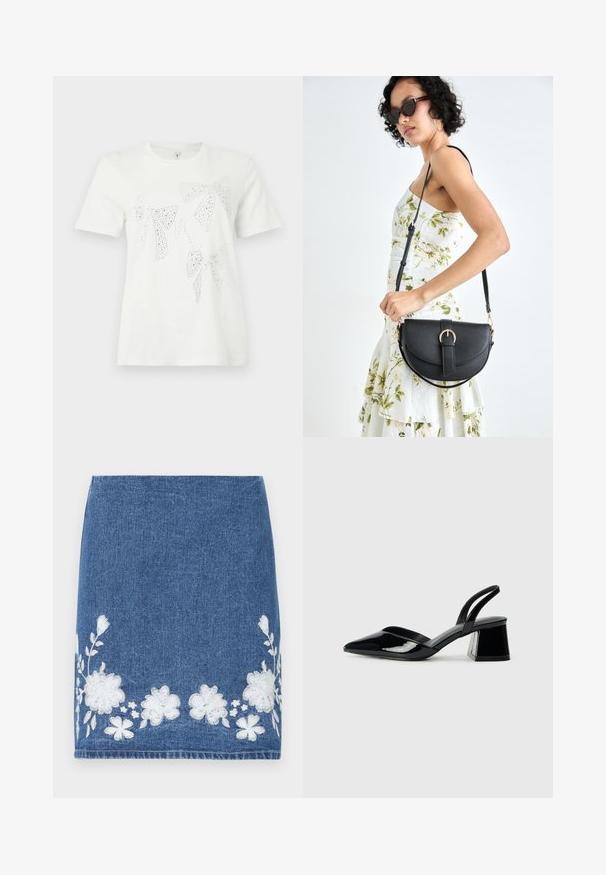 Fehér pamut póló, különböző méretű és formájú strasszos díszítésű masnikkal a mellrészen. Rövid ujjak és kerek nyakkivágás.; Sötétkék farmerruha, fehér virágmintás hímzéssel az alján. Egyenes vonalú, tiszta befejezéssel. Nincs látható fémrész vagy díszítés.; Fekete lakk bőr szandálkés magas sarkú cipő, hegyes orral és geometrikus tömbsarkakkal. Karcsú, minimalista dizájn és sima textúra jellemzi.; Fekete bőrtáska ívelt formával, levehető pánttal és arany színű fémrészekkel. A táskán egy csattal díszített fedél található.