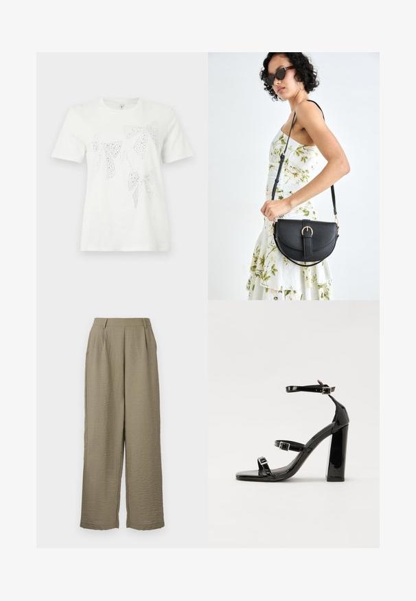 Fehér pamut póló, különböző méretű és formájú strasszos díszítésű masnikkal a mellrészen. Rövid ujjak és kerek nyakkivágás.; Homokszínű, bő szárú nadrág, texturált anyagból készült, magas derékkal és diszkrét redőkkel, amelyek extra részletességet adnak. Simán végződő derékpánt.; Fekete lakk magas sarkú szandál négyzet alakú orral, bokapántokkal és ezüst csatokat tartalmaz. Masszív blokk sarka a stabilitásért felel.; Fekete bőrtáska ívelt formával, levehető pánttal és arany színű fémrészekkel. A táskán egy csattal díszített fedél található.