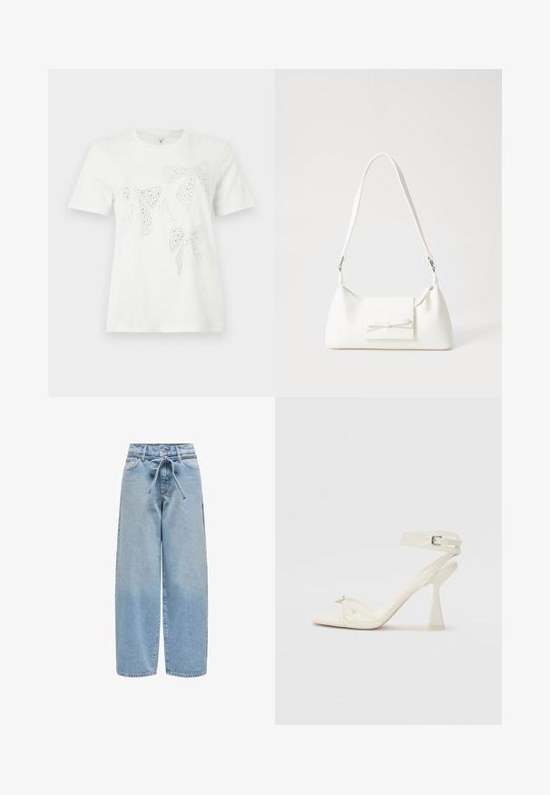 Fehér pamut póló, különböző méretű és formájú strasszos díszítésű masnikkal a mellrészen. Rövid ujjak és kerek nyakkivágás.; Világoskék farmer, bő szárú naci, megkötős derékpánttal, öt zsebbel és enyhén megviselt felülettel, apró foltokkal az anyagon.; Fehér bőr, pántos, magas sarkú szandál, letisztult limezéssel, átlátszó blokk sarkakkal és díszítő elemmel a lábujjaknál.; Fehér szintetikus kézitáska, háromszög alakú, lapos előlap, masni részlettel, állítható pánttal, sima textúrával és minimalista dizájnnal.