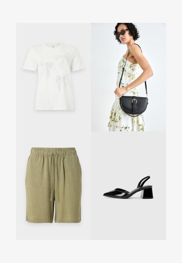 T-shirt bianco in cotone con fiocchi decorati con strass di diverse dimensioni e forme sul davanti. Maniche corte e colletto a girocollo.; Shorts verde oliva realizzati in un tessuto testurizzato e traspirante. Dotati di una vita elasticizzata e di un cordoncino per una vestibilità regolabile.; Décolleté in vernice nera con punta affusolata e tacco in geometria cubica. Presentano un design elegante e minimalista, con una texture liscia.; Borsa a tracolla nera in pelle con una forma curva, manico rimovibile e accessori dorati. La borsa presenta una patta con un dettaglio a fibbia.