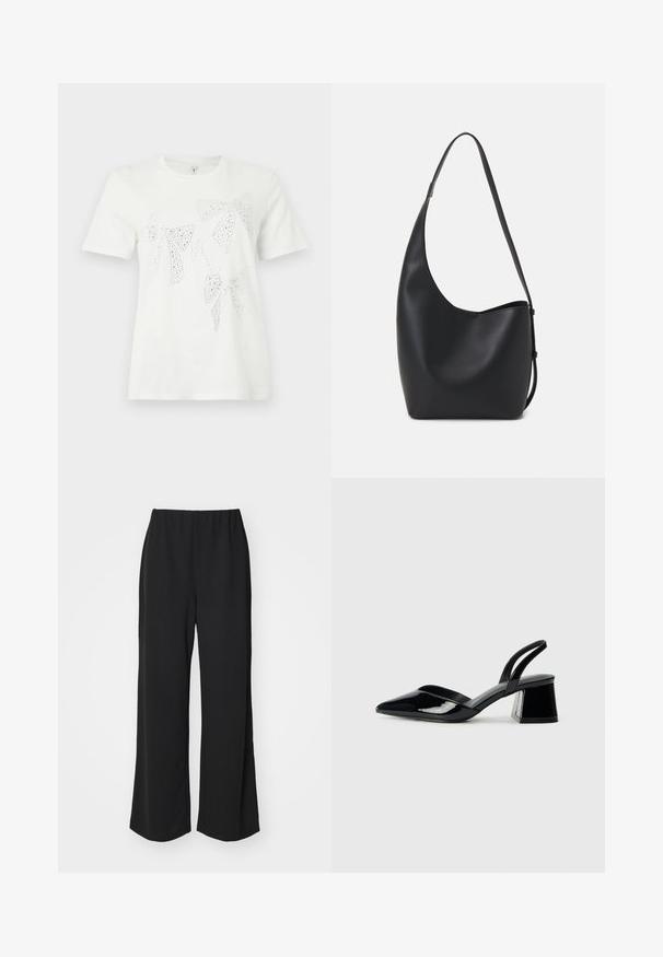 Balta kokvilnas T-krekls ar rhinestone dekorētām loku formām dažādās izmēros un formās uz priekšpuses. Īsas piedurknes un apaļa kakla izgriezums.; Melnas brīvas kājas bikses ar elastīgu jostu, izgatavotas no gludas auduma, ar vienkāršu, neizgrebtu dizainu.; Melna lakota āda ar atvērto papēdi, ar smailu purngalu un ģeometrisku blokpapēdi. Iezīmējas elegants, minimāls dizains un gluda tekstūra.; Melnas ādas hobo soma ar gludu tekstūru, izliekta forma un vienu regulējamu jostu; augšā ir plaša atvere.