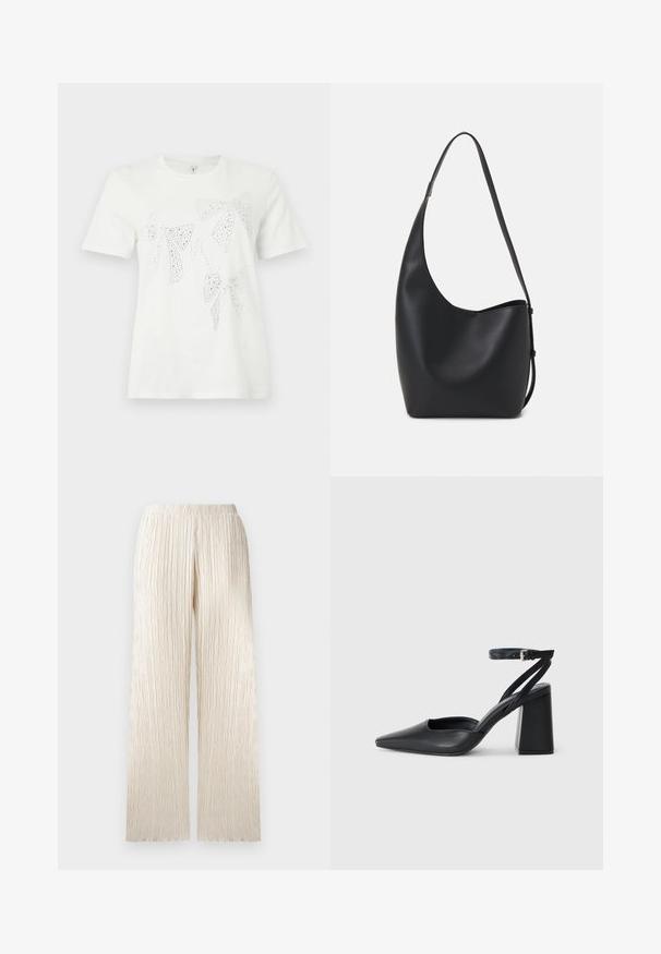 Hvit bomull T-skjorte med rhinstein-dekkede sløyfer i forskjellige størrelser og former over hele forsiden. Korte ermer og rund hals.; Kremfargede vide bukser med en teksturert, plissert design og en elastisk midje. Rett kuttet med et mykt, flytende utseende.; Svart lær pumps med spiss tå, ankelrem og kraftig hæl. Flat tekstur, strømlinjeformet design og minimalisme.; Svart lær hobo-veske med glatt tekstur, buet form og enkelt justerbart stropp; har en bred åpning på toppen.