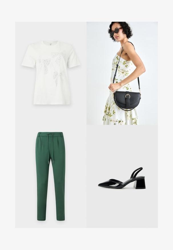 Weißes Baumwoll-T-Shirt mit mit Strass verzierte Schleifen in verschiedenen Größen und Formen auf der Vorderseite. Kurze Ärmel und Rundhalsausschnitt.; Grüne Sweatpants aus weichem Stoff, mit einem elastischen Bündchen und Kordelzug, schmal zulaufenden Beinen und seitlichen Falten.; Schwarze Lackleder-Slingback-High Heels mit spitzem Schuh und einem geometrischen Blockabsatz. Verfügt über ein schlankes, minimalistisches Design und eine glatte Textur.; Schwarze Lederhandtasche mit geschwungener Form, abnehmbarem Tragegurt und goldenen Beschlägen. Die Tasche verfügt über einen Deckel mit einer Schnallen-Details.