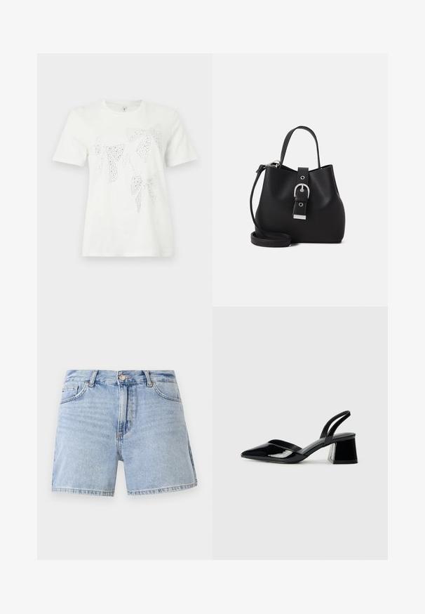 Valge puuvillane T-särk, mille esiküljel on erineva suuruse ja kujuga rhinestone-dekoratsiooniga lipsud. Lühikesed varrukad ja ümar kaelus.; Heledad sinine teksapüksid kõrge vöökoht, standardne viie tasku disain ja rebitud äär. Valmistatud puuvillast, millel on tuhmunud viimistlus.; Mustad musta lakknahk kingad, millel on terav varvas ja geomeetriline plokkkonts. Omab elegantselt minimalistlikku disaini ja sujuvat tekstuuri.; Must beeblast nöörkott, mis on valmistatud siledast nahast, millel on struktureeritud kuju, lühike sang ja eemaldatav õlarihm. Hõbedane pandlakaunistus.