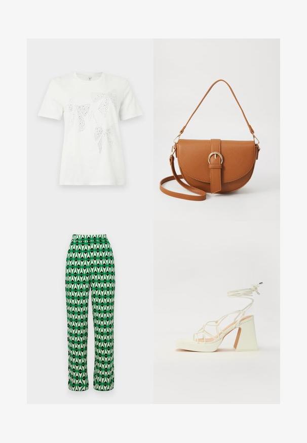 Biely bavlnený tričko s kamienkami zdobenými mašľami rôznych veľkostí a tvarov na prednej strane. Krátke rukávy a okrúhly výstrih.; Zelené a krémové široké nohavice so zopakovacím geometrickým vzorom listov v čiernej farbe. Vyrobené z ľahkej tkaniny s hladkou textúrou.; Biele sandále na vysokom opätku s hrubým podpätkom, s pruhovaným dizajnom a viazaním na členku. Hladký povrch s platformou vpredu pre zvýšenú výšku.; Hnedá kožená kabelka cez telo s zakriveným tvarom, zlatými kovovými doplnkami a akcentom s prackou. Obsahuje odnímateľný ramenný popruh.